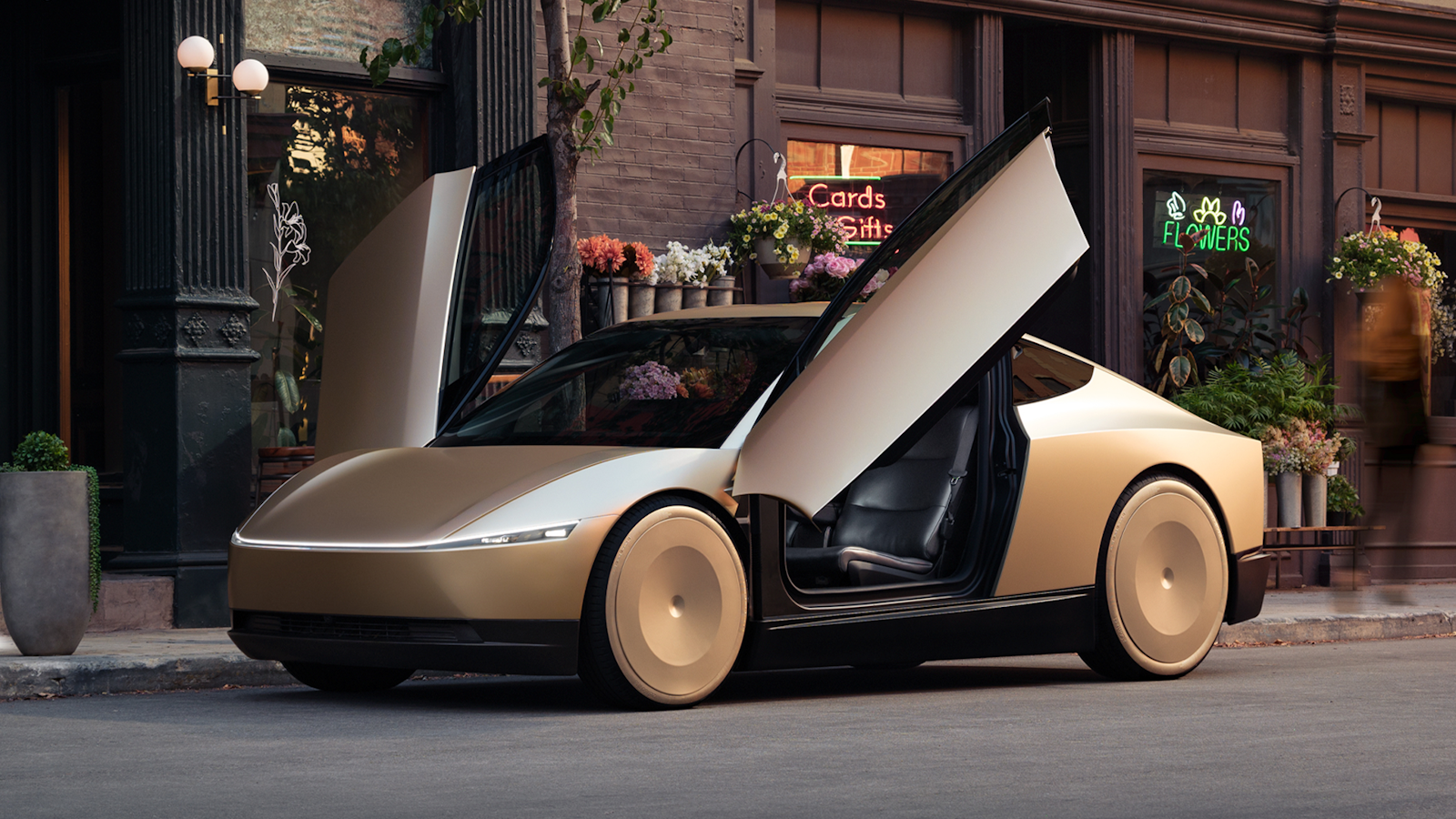 Tesla Cybercan with gull-wing door open