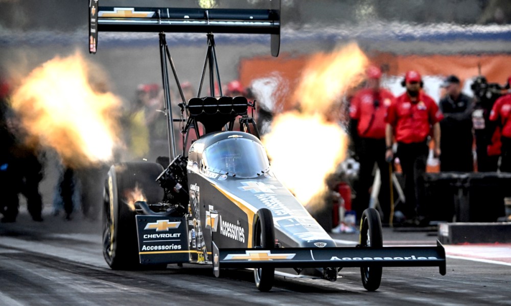 Black race car with flame paintwork