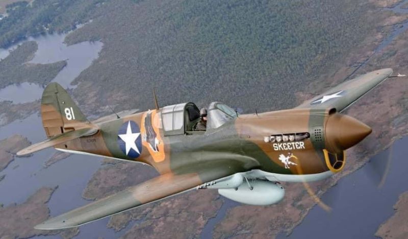 "P-40 Warhawk flying over landscape"