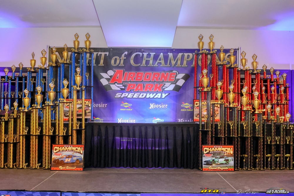 Airborne Park Speedway sign with trophies