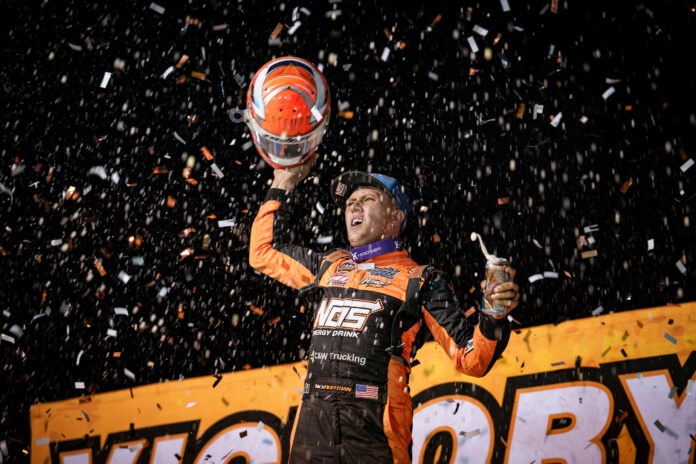 Nick Hoffman celebrates dirt track victory