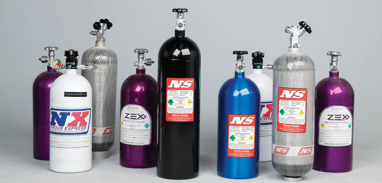 Assorted nitrous oxide tanks on display