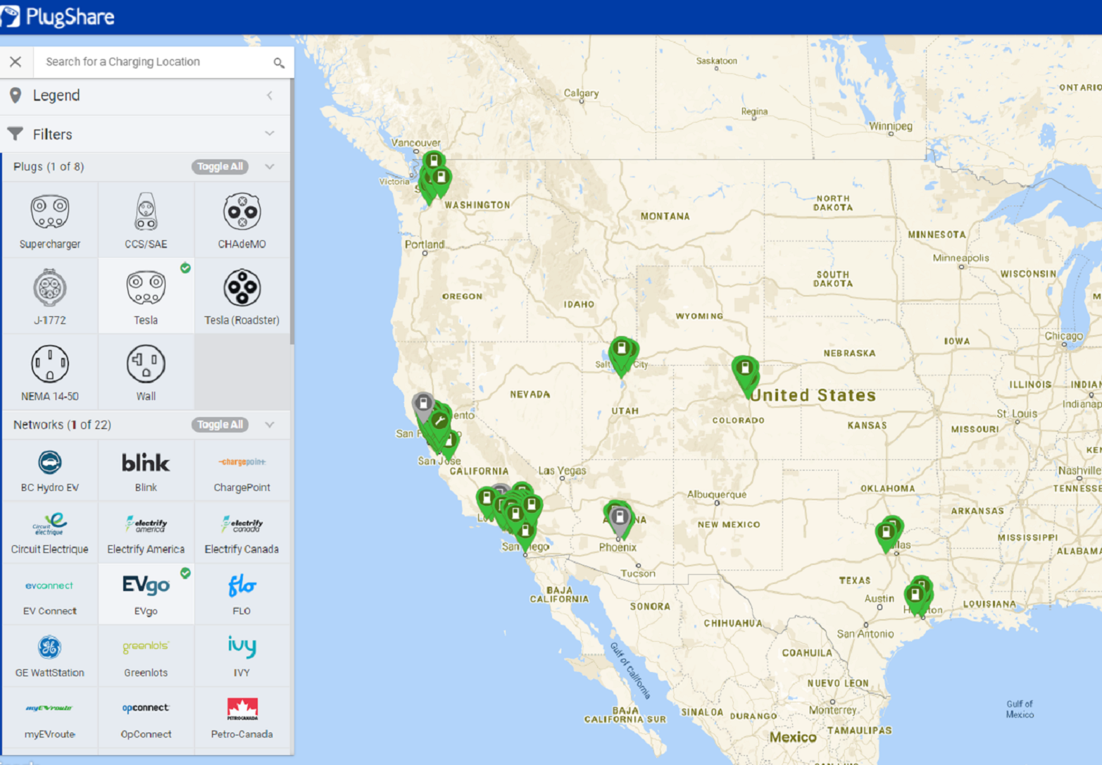 Interactive US electric vehicle charging stations map