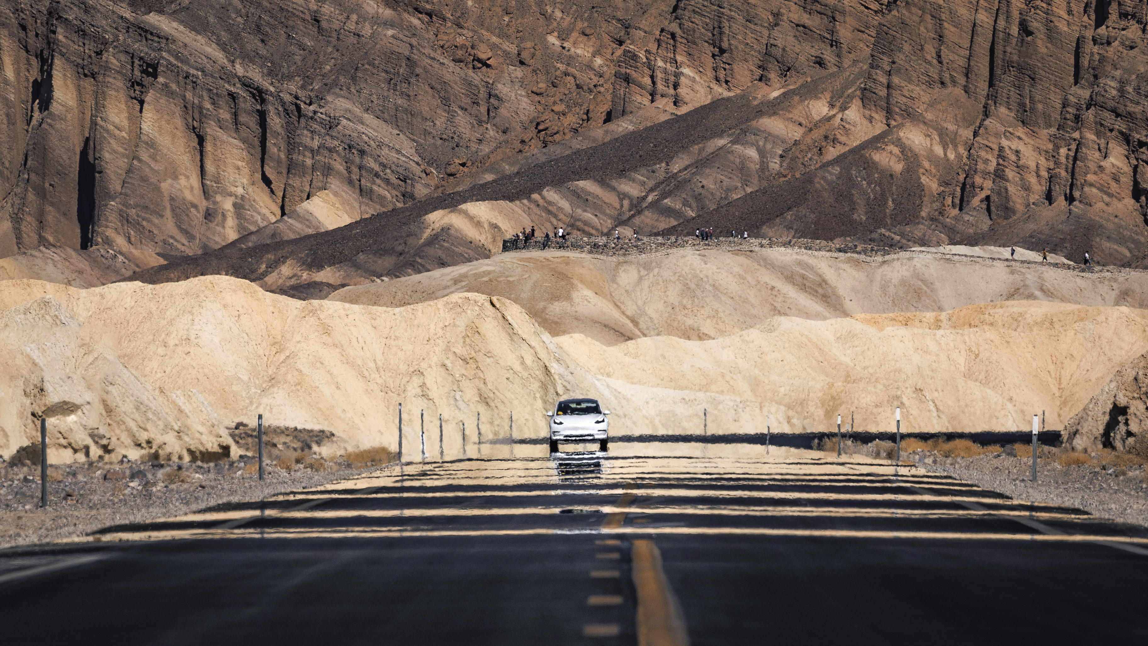 White Tesla on desert highway