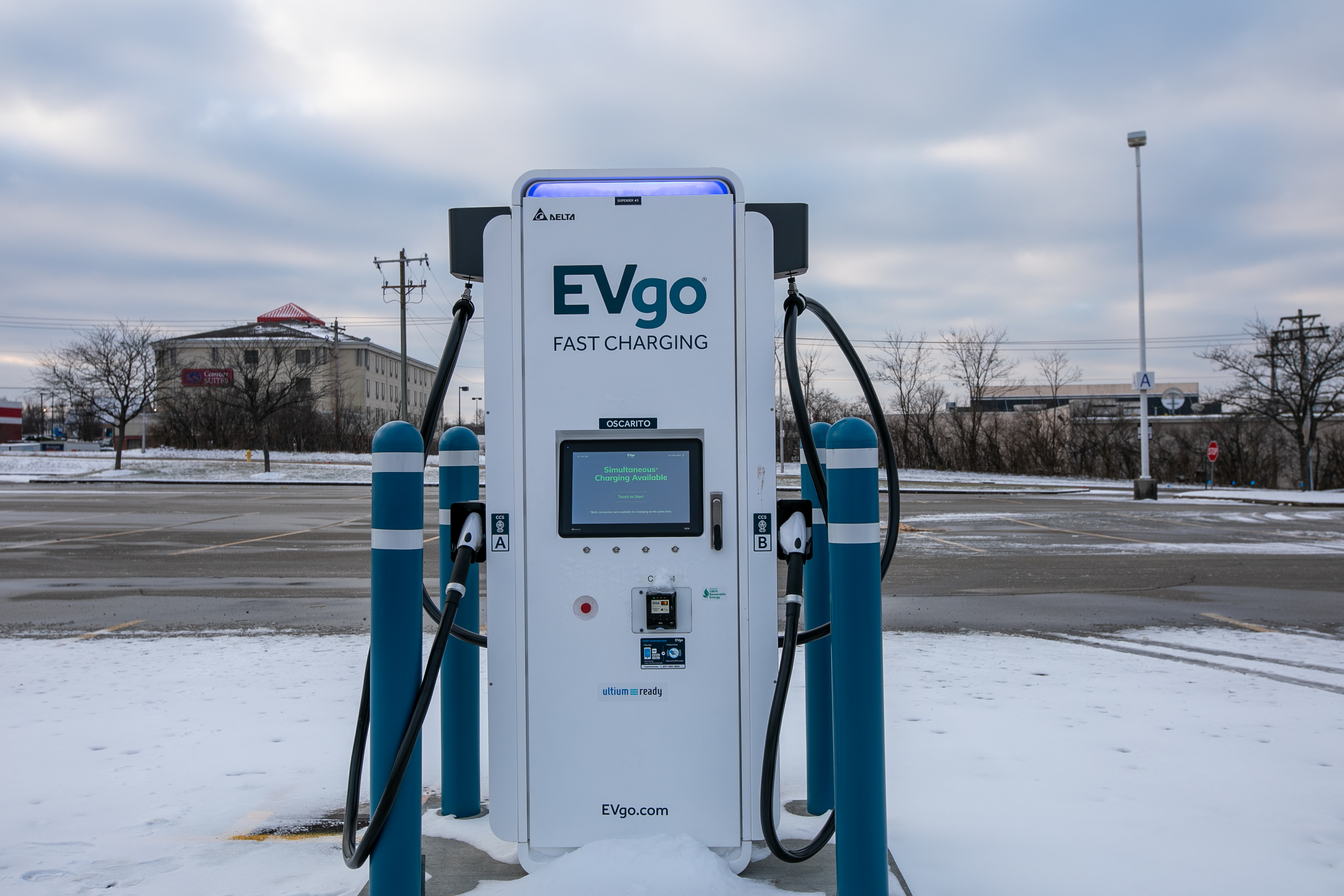 EVgo charging station covered in snow