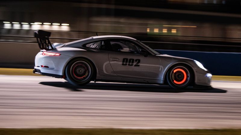 Silver Porsche race car at Sebring