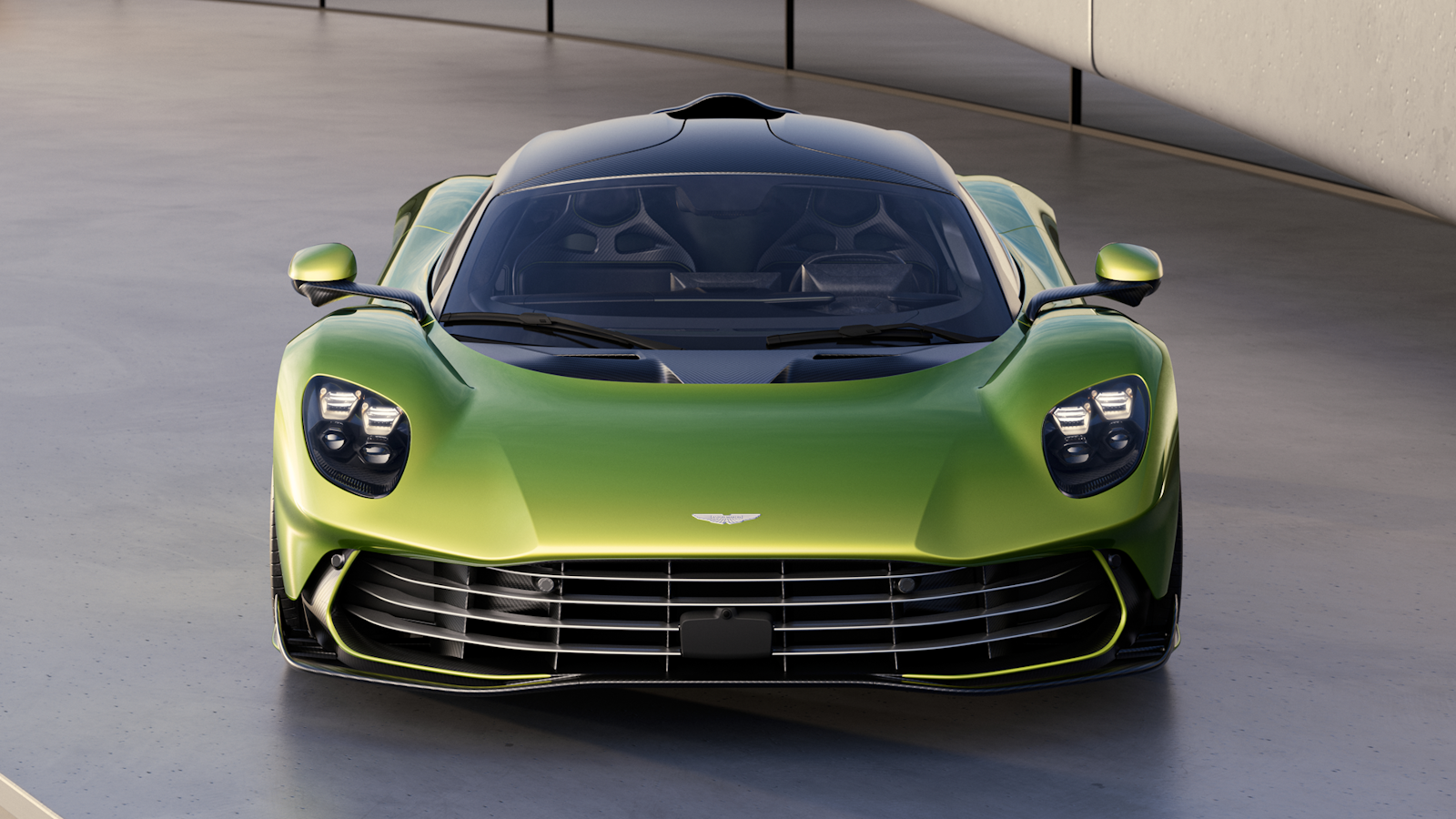 Front view of green Aston Valhalla