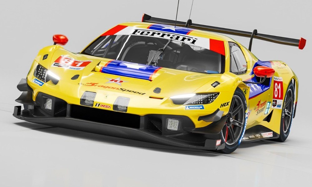 Front view, yellow Ferrari racecar