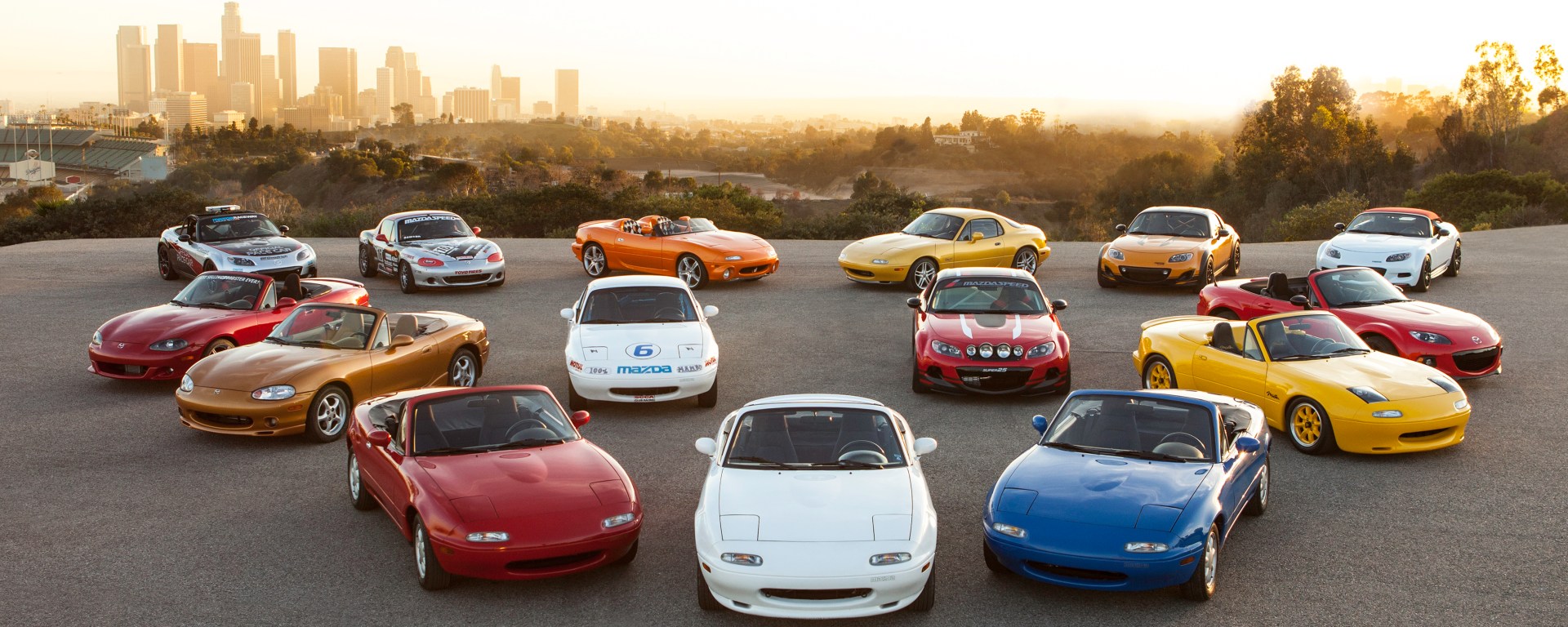 Mazda Miatas lined up at race