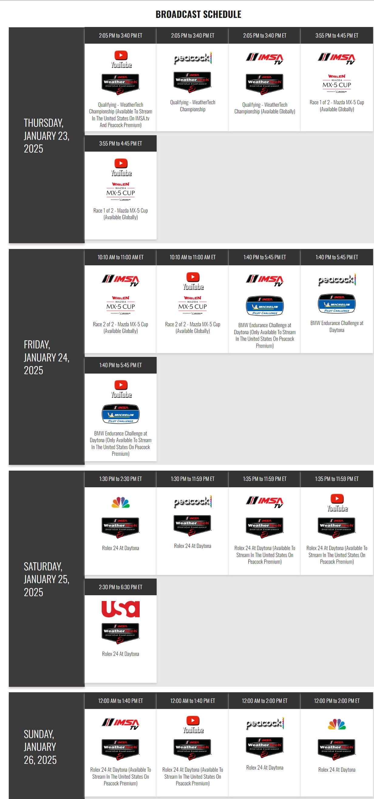 IMSA 2025 TV broadcast schedule