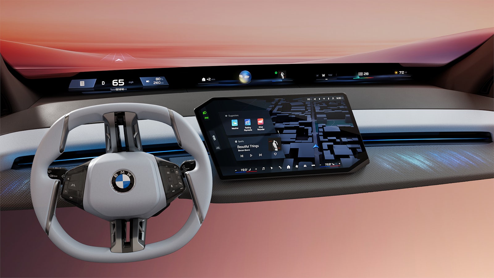 BMW i7 interior with lit dashboard