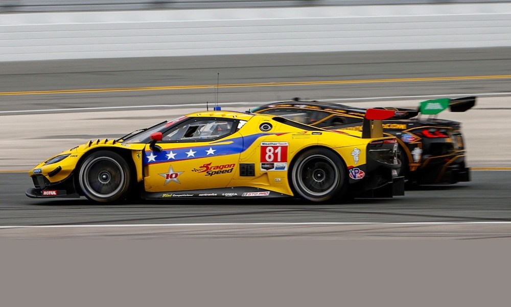 Yellow IMSA racecar with blue trim