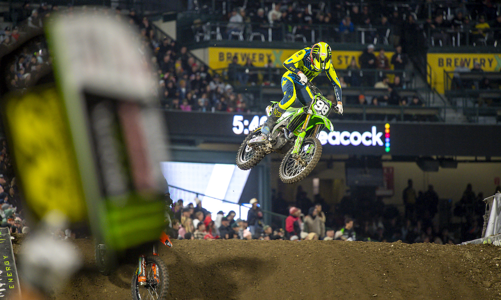 Supercross rider airborne at Anaheim race