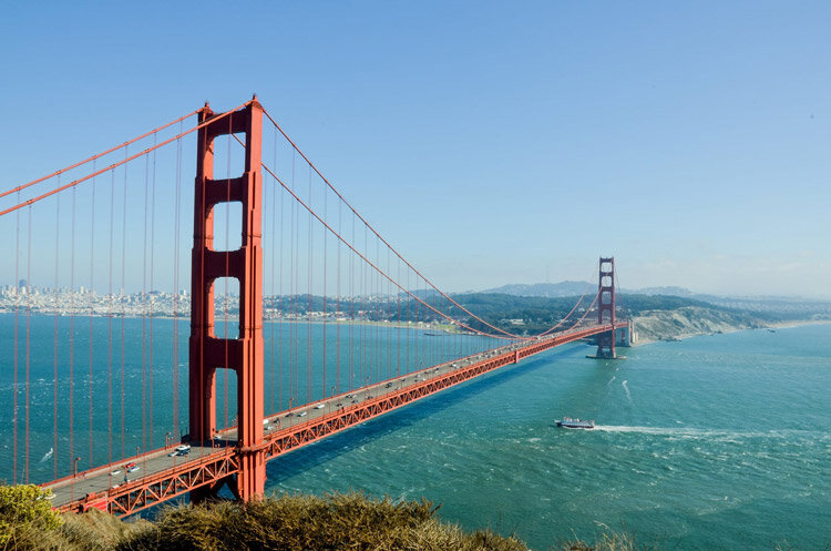 Red Golden Gate Bridge in fog