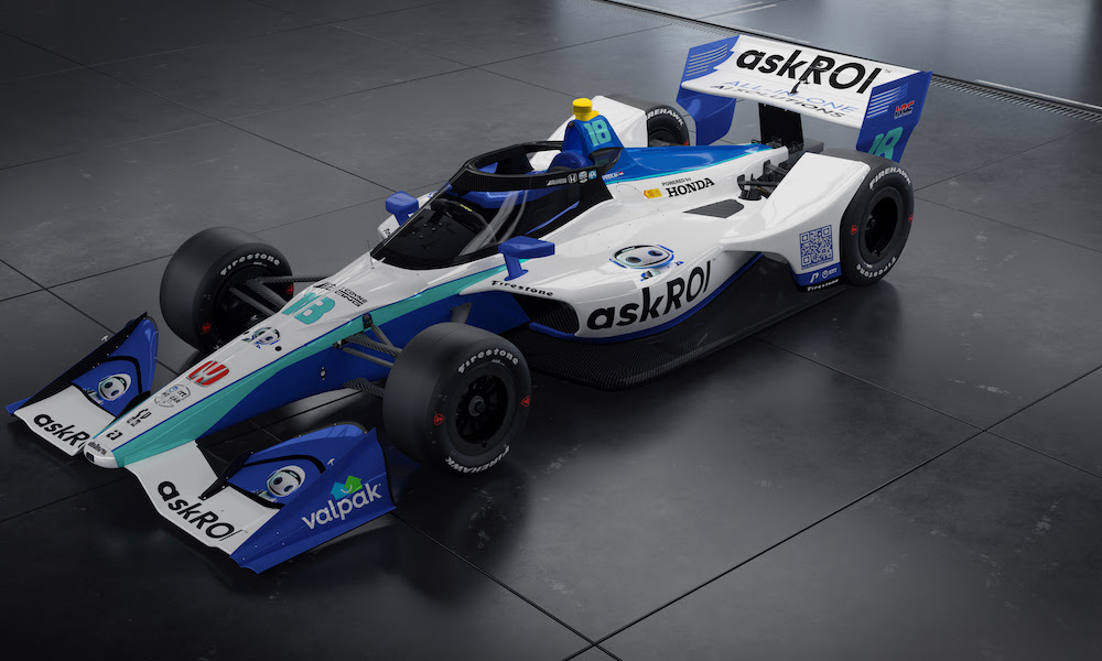 White and blue IndyCar racing car