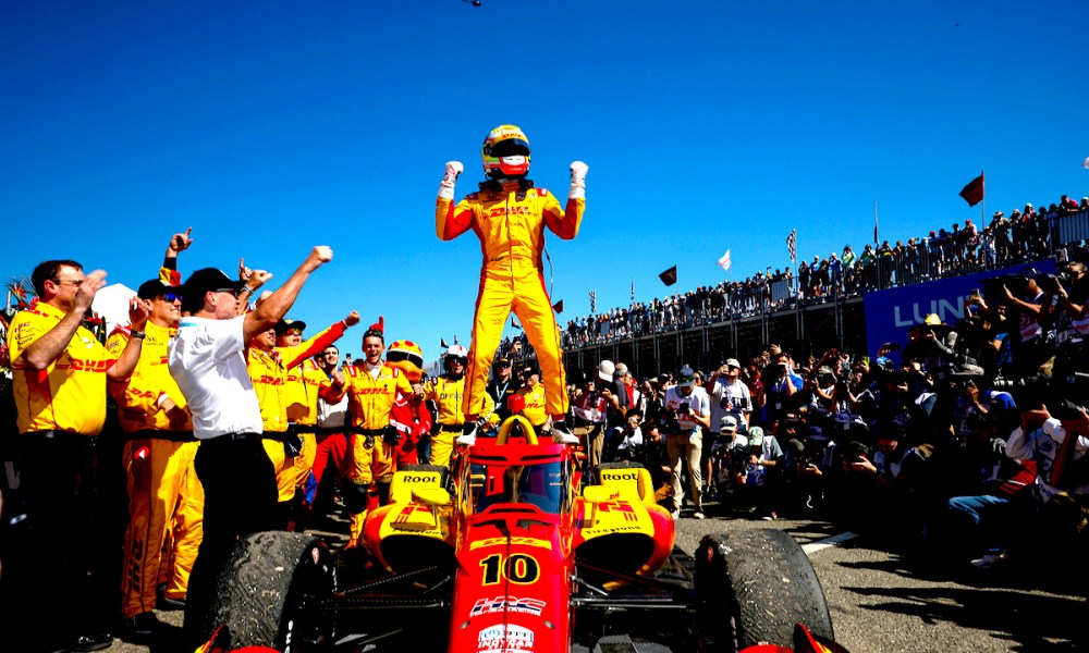 IndyCar driver celebrates race victory